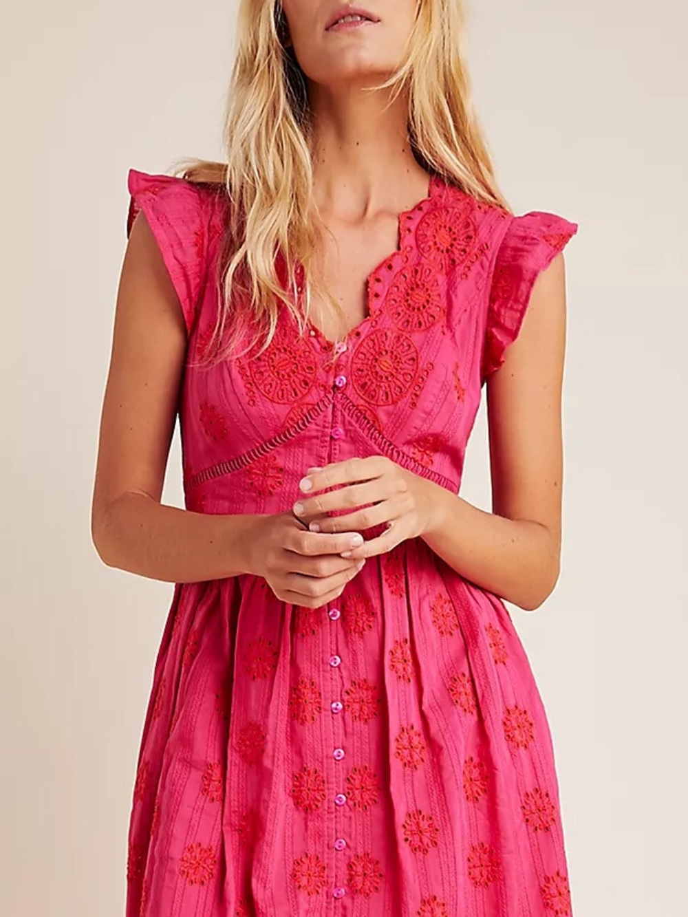 NWT Anthropologie Embroidered Eyelet Scallop Trim Midi Dress Pink Pockets M - Picture 3 of 8